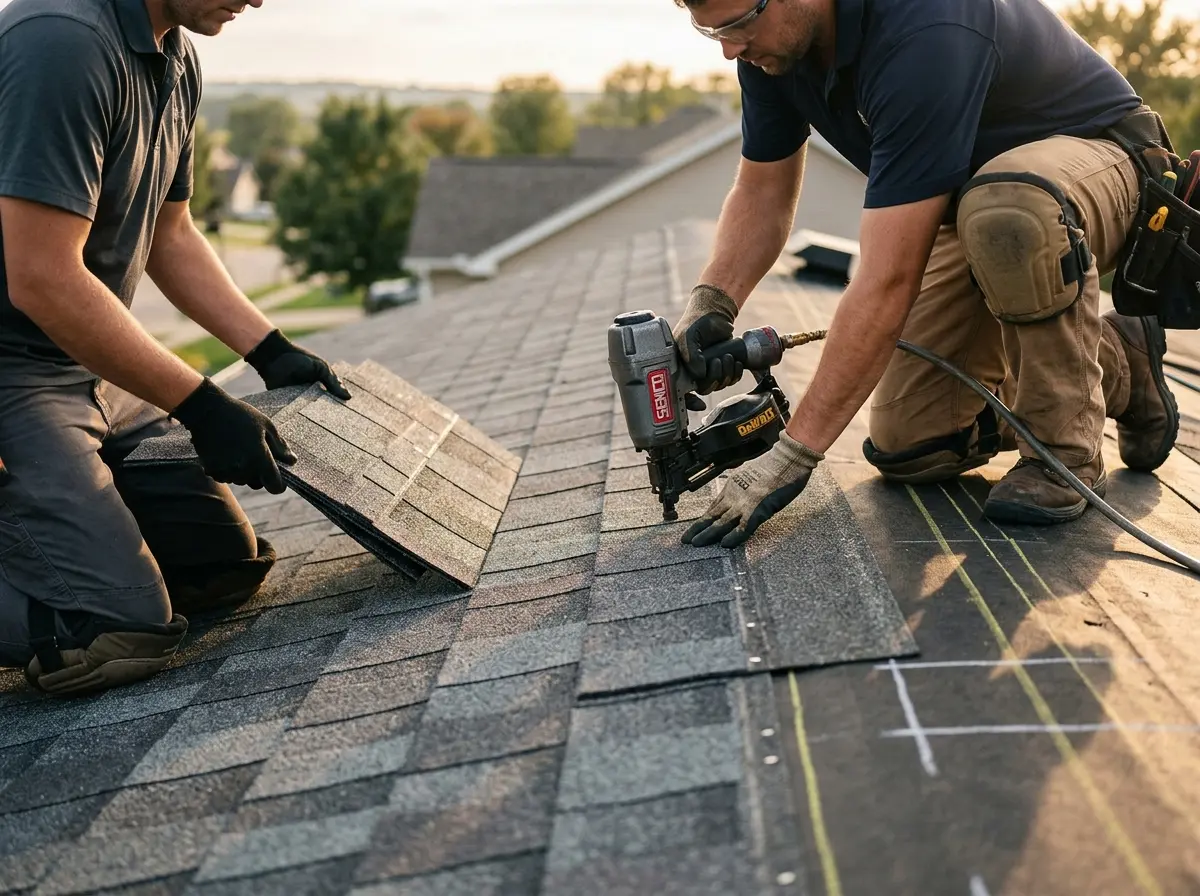 Professional roofer working on a residential roof in Brigantine